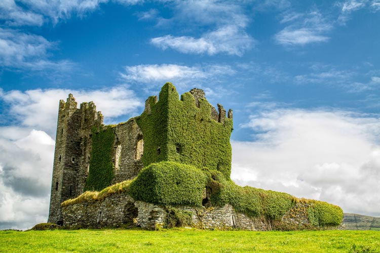 Castle ruins in Kerry countryside overgrown with ivy.