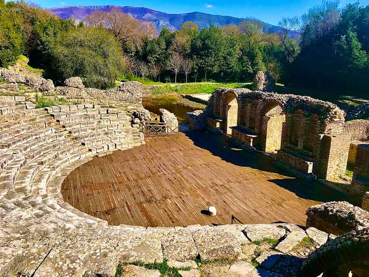 Stone amphitheater ruins at the Butrint National Park in Albania. 