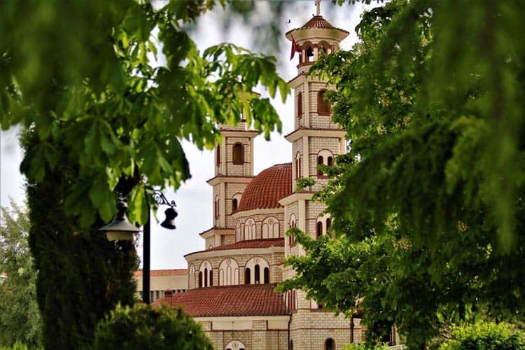 Peeking through the trees at the towering Resurrection Cathedral.