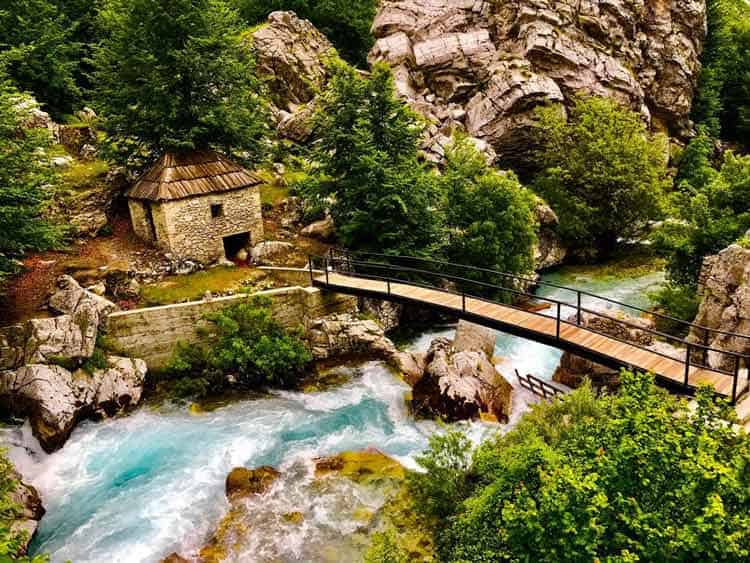 Crossing the bridge over the Valbona River.