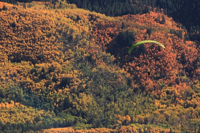 Paragliders combine a fall foliage fix with an adrenaline rush.  Photo by Clear Productions.