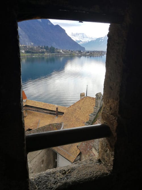 The view from inside the castle out toward the mountains.
