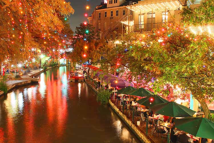 The riverwalk in San Antonio lit up for the holidays.