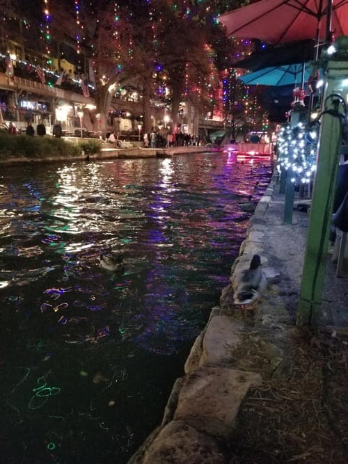 Holiday dining on the river with holiday lights.