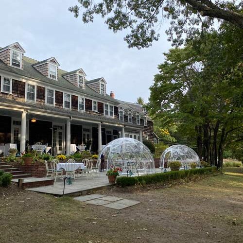 Rams Head Inn igloos for socially distanced and most-weather dining. 