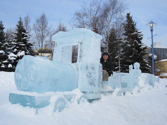 Smiling train ice sculpture in Anchorage.