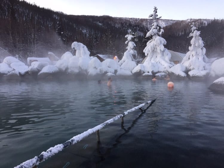 The hot pool at Chena Hot Springs is framed by rime ice when the air temperature is 15 below. 