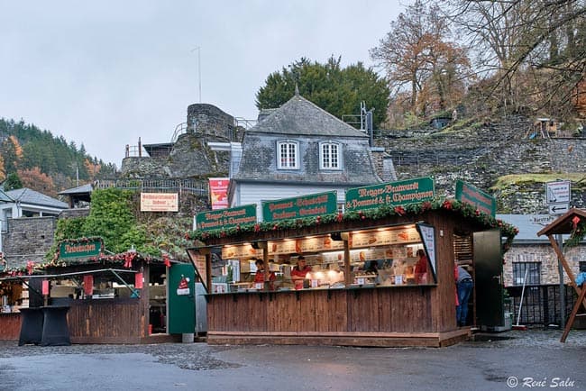 Wooden hut selling festive foods in Monschau, Germany