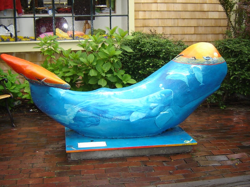 Whale art statues in Nantucket town