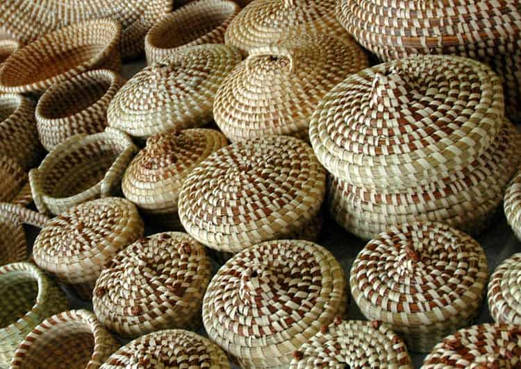 Handwoven sweetgrass baskets in Charleston