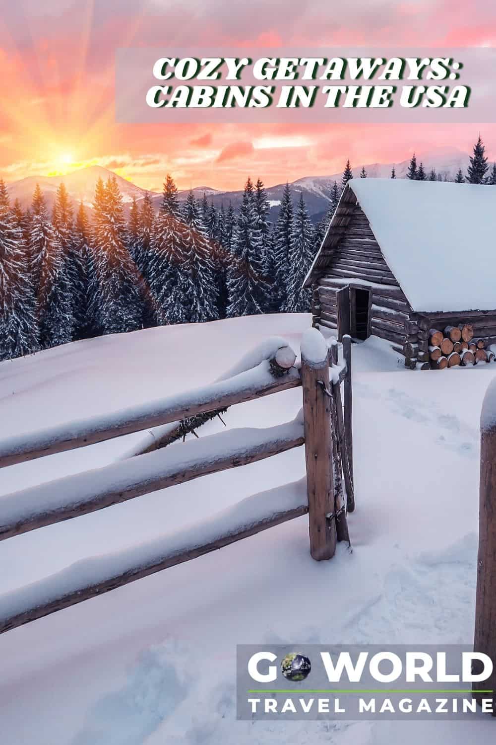 A log cabin and fence among a snowy forest backdrop during sunrise