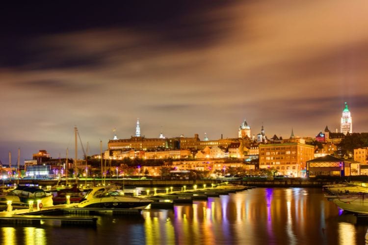 Quebec City Old Port at night.