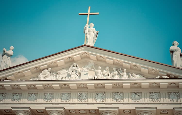 Decorative sculpted roof of Vilnius Cathedral in Lithuania