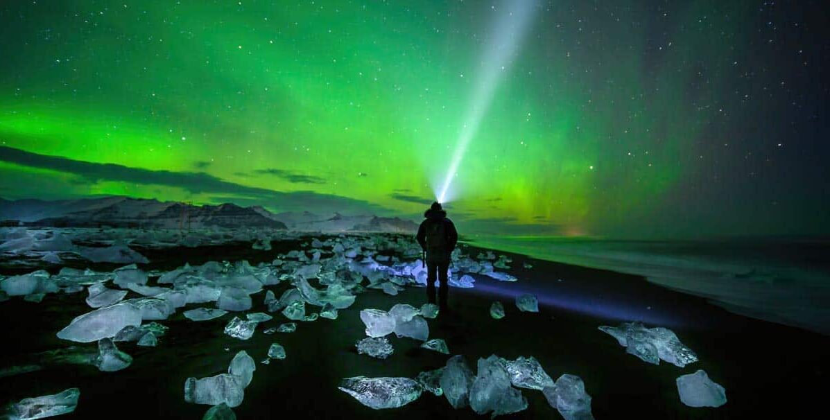 Aurora Borealis at Diamond Beach in Iceland