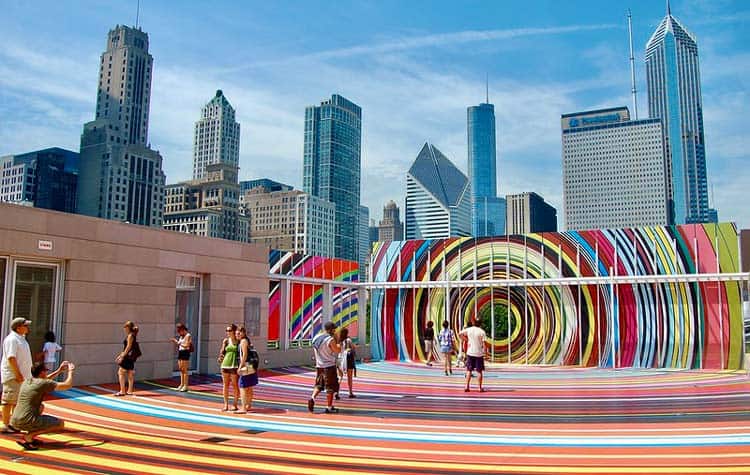 Outdoor art installation at the Art Institute of Chicago in the summer