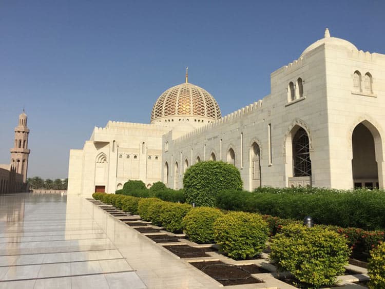 Sultan Qaboos Grand Mosque, Muscat in Oman, the mosque complex can accommodate up to 20,000 worshipers. Photo by Sue Sanders