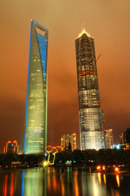 The Shanghai World Finance Center, known for looking like a giant bottle opener, is a vertical city within the city of Shanghai. CC Image by lwtt93