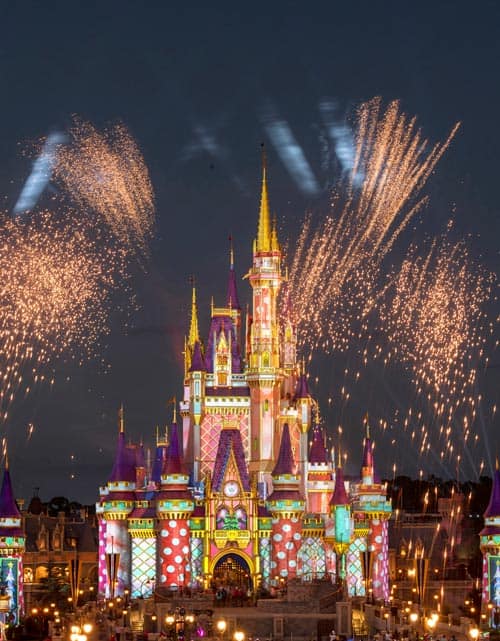 Pyrotechnic pixie-dust moments add bursts of merriment each night at Magic Kingdom Park as Cinderella Castle is transformed. 