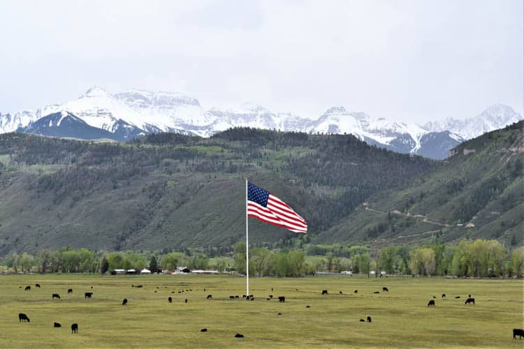 Yellowstone Road Trip Flag and mountain north of Ouray, CO