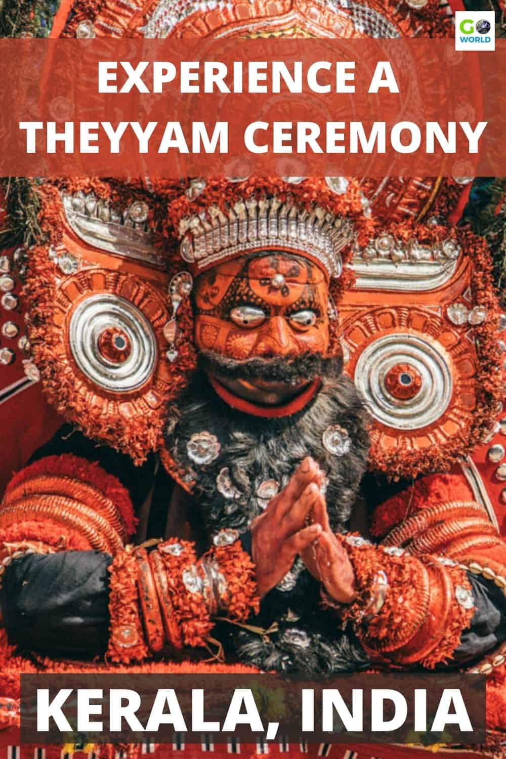 The Theyyam ceremony takes place in Kerala India. Journey with the author to experience colorful Theyyam become Gods and walk through fire. #Keralaindia #theyyamceremony
