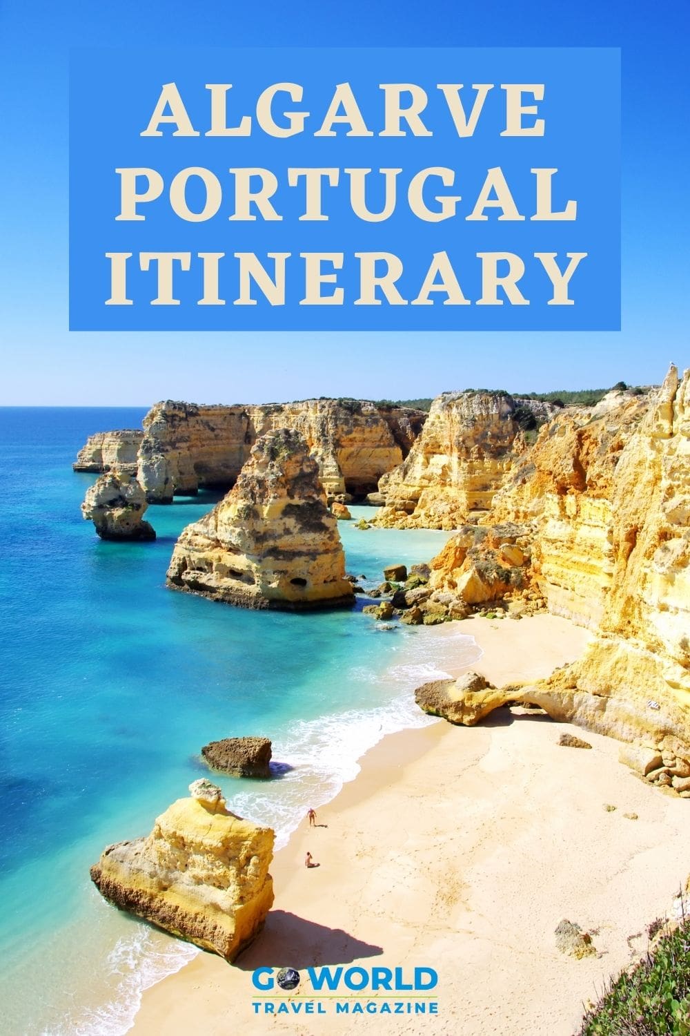 Discover Algarve, Portugal on a coastal road trip featuring sandy beaches, turquoise waters, cliffs, rock formations and picturesque villages. #Algarveportugal 