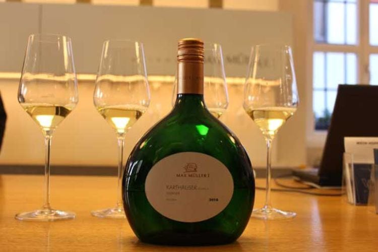 Wine in Franconia is bottled in a uniquely-shaped bottle called the Bocksbeutel