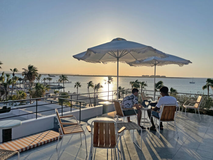 Sunset view from the rooftop bar at Baja Club in La Paz, Mexico