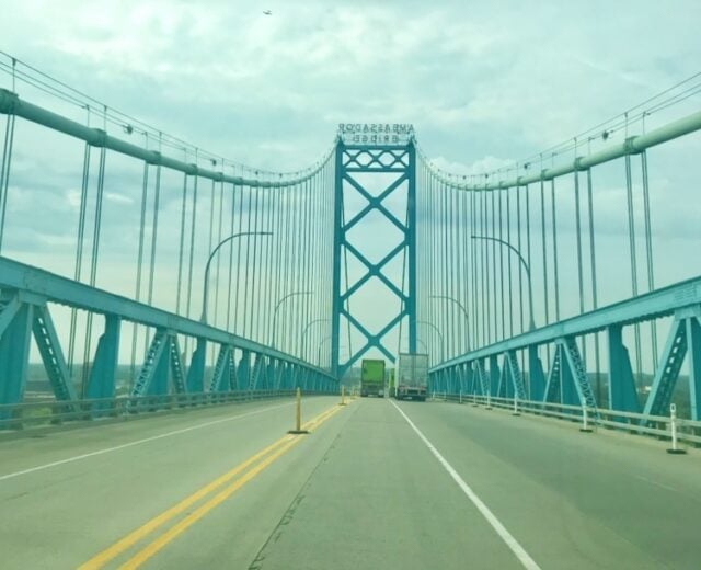 The Ambassador Bridge connects Detroit and Windsor