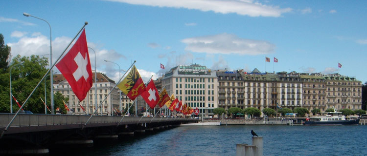 A view of the Mont Blanc Bridge with its row of Swiss flags