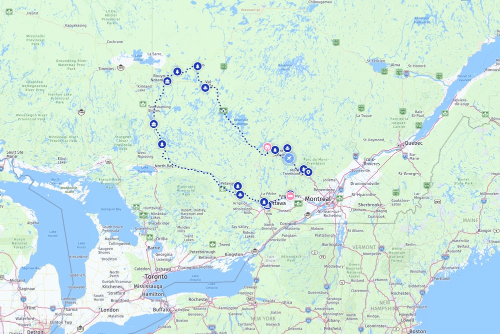 Map of the Explorer's Route in Quebec