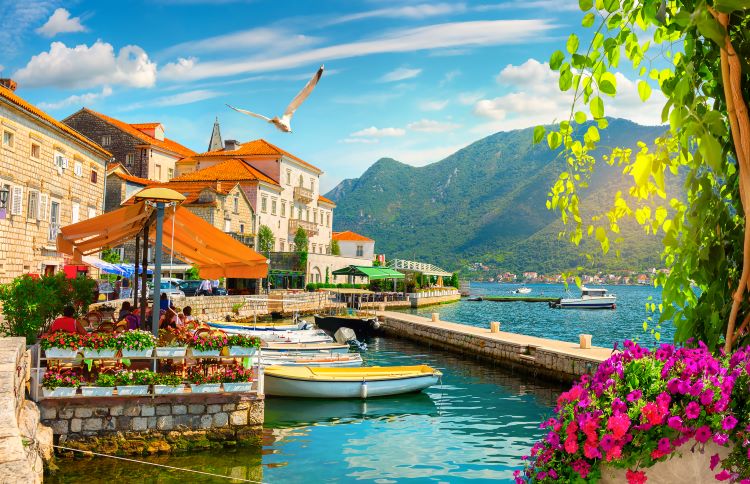 Historic city of Perast at Bay of Kotor in summer