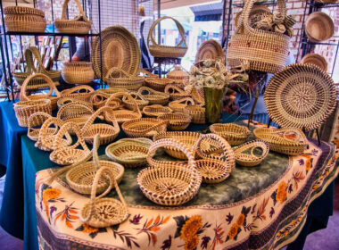 A display of Gullah baskets in the Charleston City Market. Formerly known as the slaves' market.