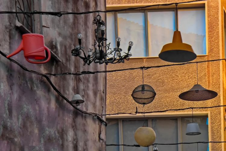 Mix of lights hanging int he street