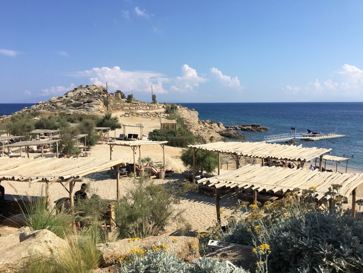 Scorpios, a popular beach club, feels like a Wild West outpost on Mykonos’ southern coast