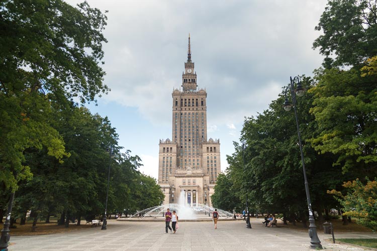Palace of Culture and Science, view from Swietokrzyski park in Warsaw, Poland