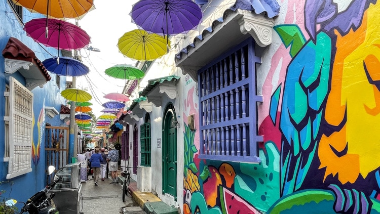Getsemani neighborhood is between the inner and outer walls in Cartagena and was until a decade ago quite rough, but it has been cleaned up and is covered with murals and restaurants