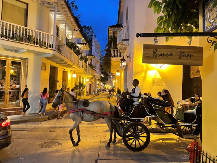 The romantic streets of Cartagena are lit by historic lanterns