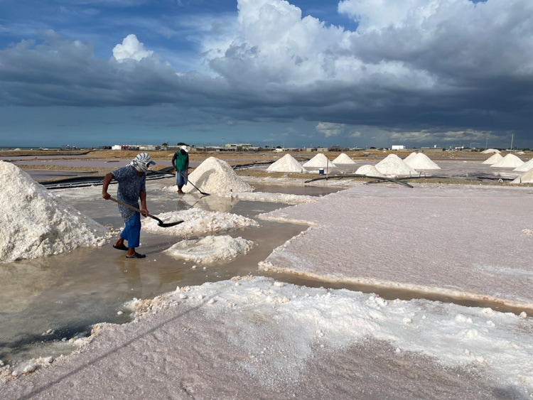 Workers shovel salt at the salt flats in Manaure.