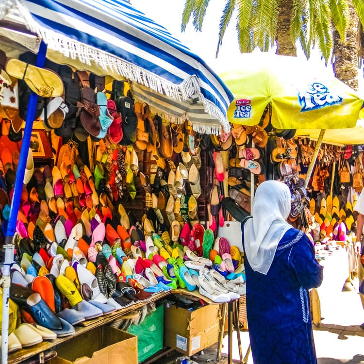 Find a rainbow of slippers at the Medina in Tangier