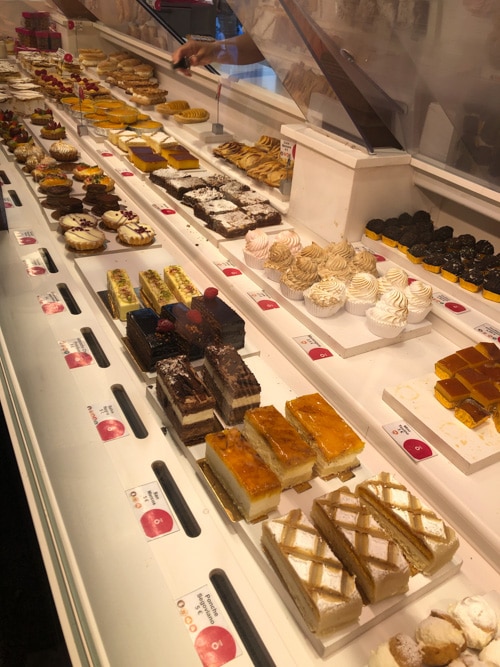 Display of sweet pastries and cakes at Mercado de San Miguel