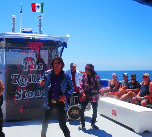 On the Vallarta Adventures catamaran, Pablo & the crew appeared in their hilarious rocker costumes lip-syncing the Rolling Stones while our fellow passengers looked on