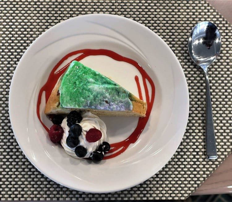 A Mardi Gras King Cake dessert in honor of our approach to New Orleans served aboard our American Cruise Lines riverboat