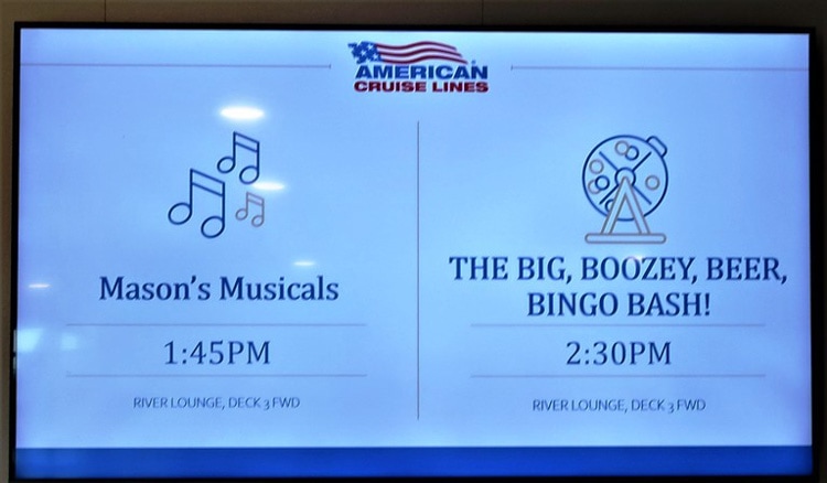 The American Cruise Lines Symphony Riverboat keeps passengers abreast of onboard entertainment options