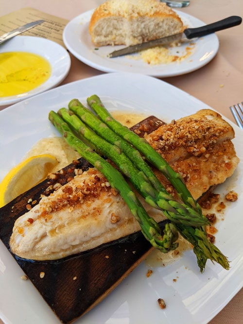 The cedar-planked walleye from Fried Green Tomatoes