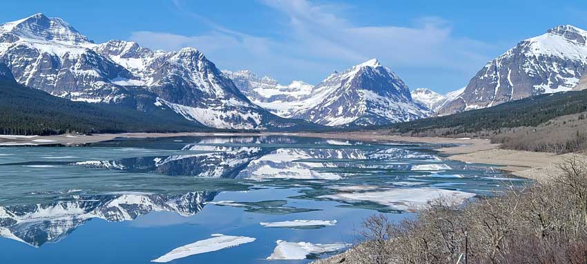 Lake Sherbourne in Many Glacier, April 29, 2023. Every trail in the area still under several feet of snow. 