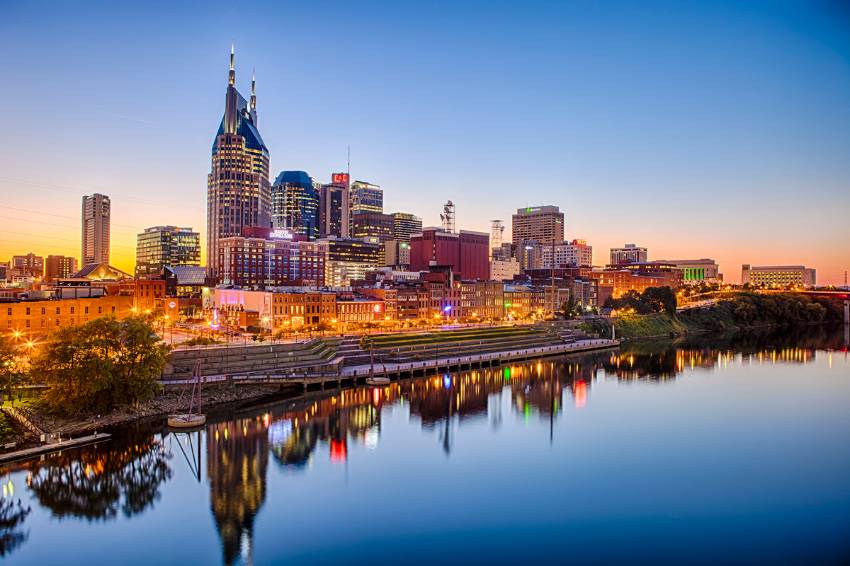 Nashville, Tennessee skyline at sunset.