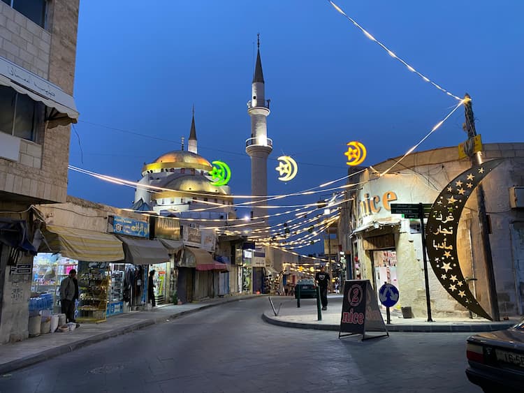 Downtown Madaba at night during Ramadan. Photo by Sabina Lohr