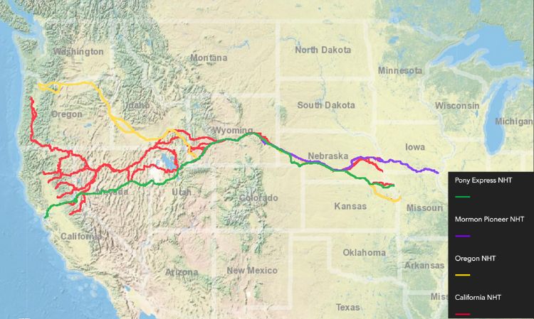 A map of the Oregon Trail and its offshoots