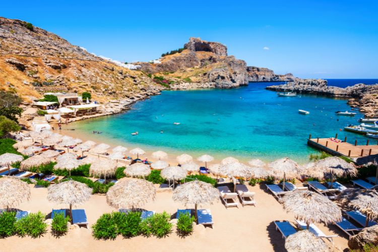 Beach and Acropolis in Lindos, on Rhodes