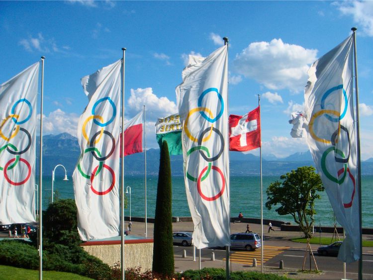 Olympic flags decorate the entrance to the Olympic Museum in Lausanne